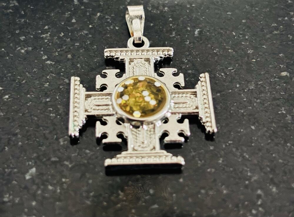 Jerusalem Cross Pendant Christian Holy Land Silver Tone Amber Color Cabochon 1”